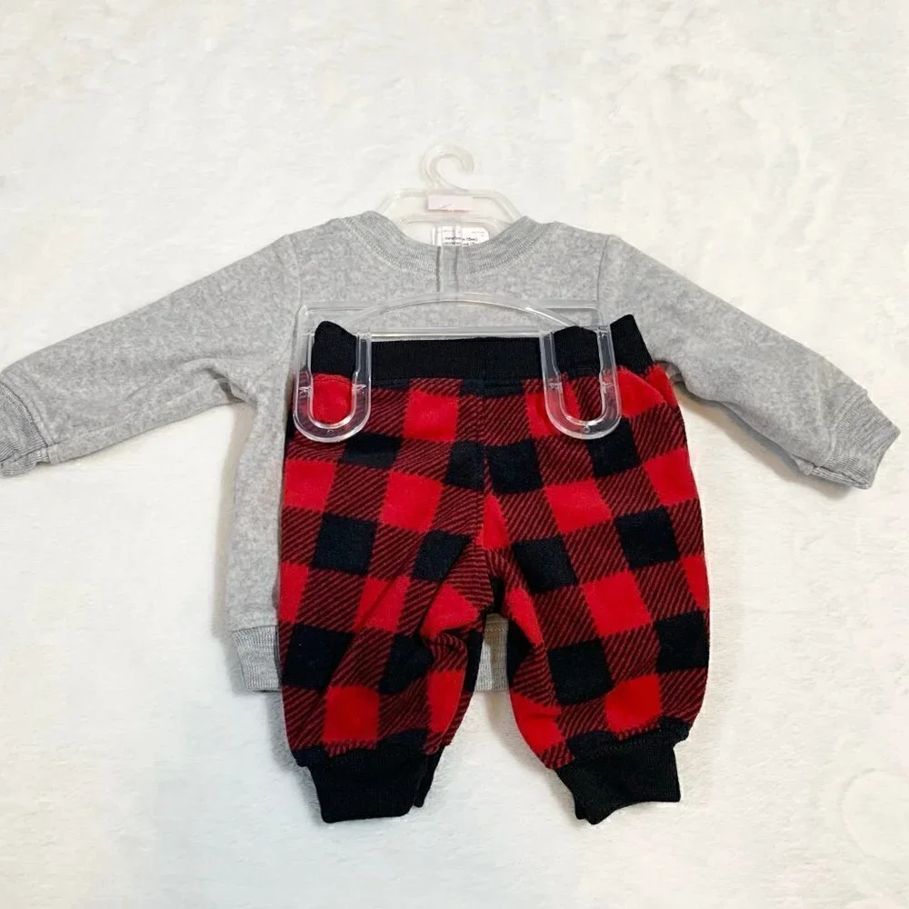 5/$25 NEW Carter's Newborn Santa Fleece Sweatshirt Buffalo Plaid Pants Set‎
